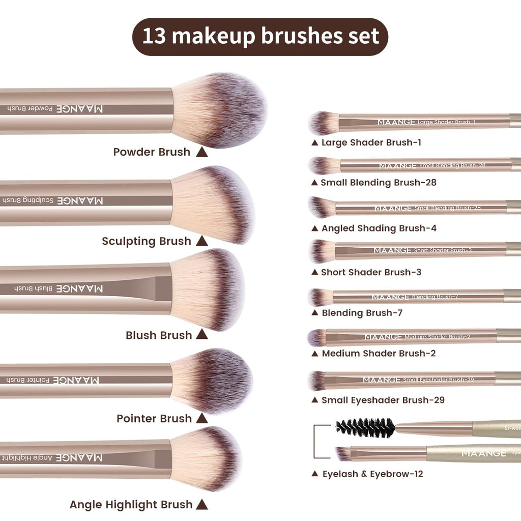 MAANGE 13-Piece Makeup Brush Set in Champagne Case – Premium Synthetic Brushes