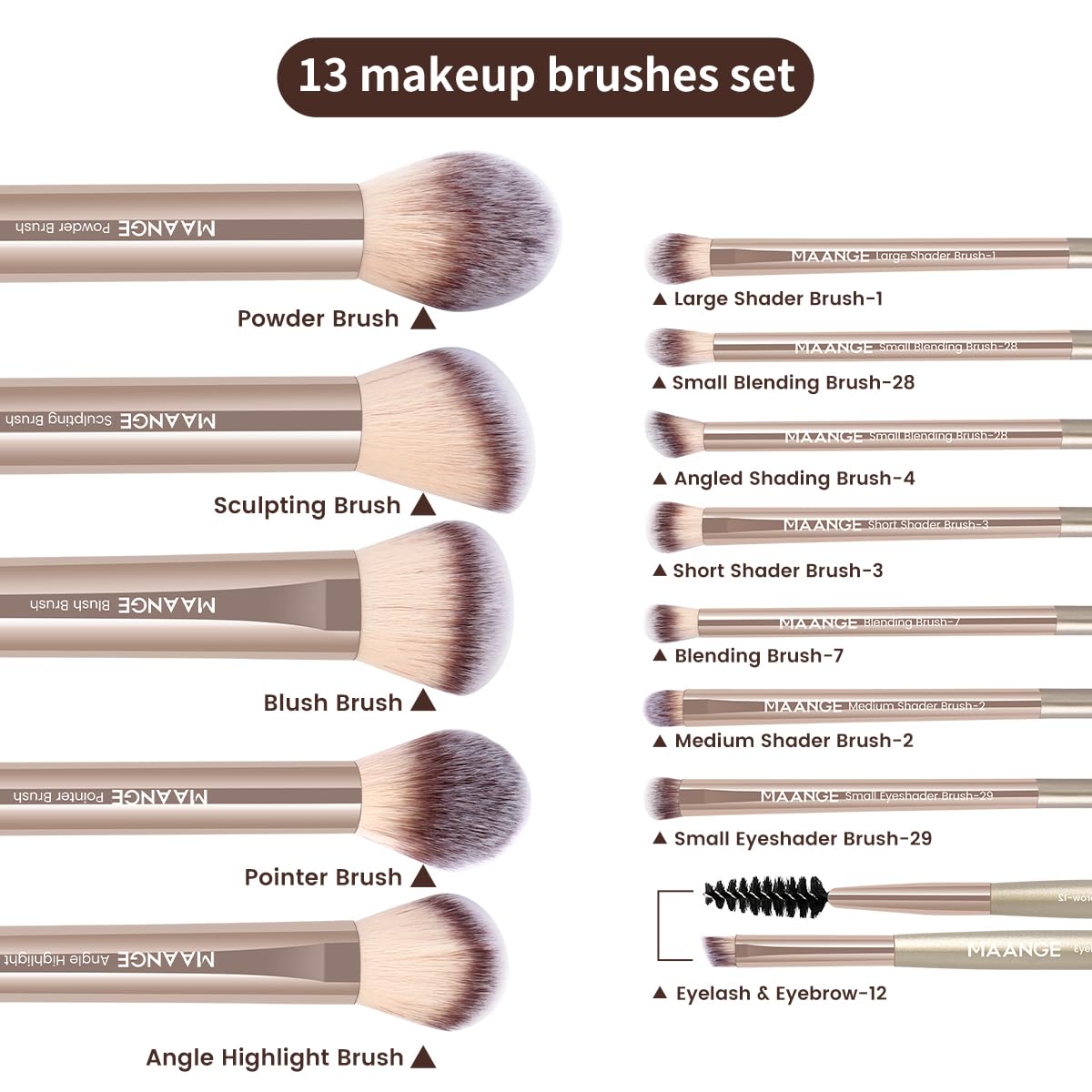 MAANGE 13-Piece Makeup Brush Set in Champagne Case – Premium Synthetic Brushes