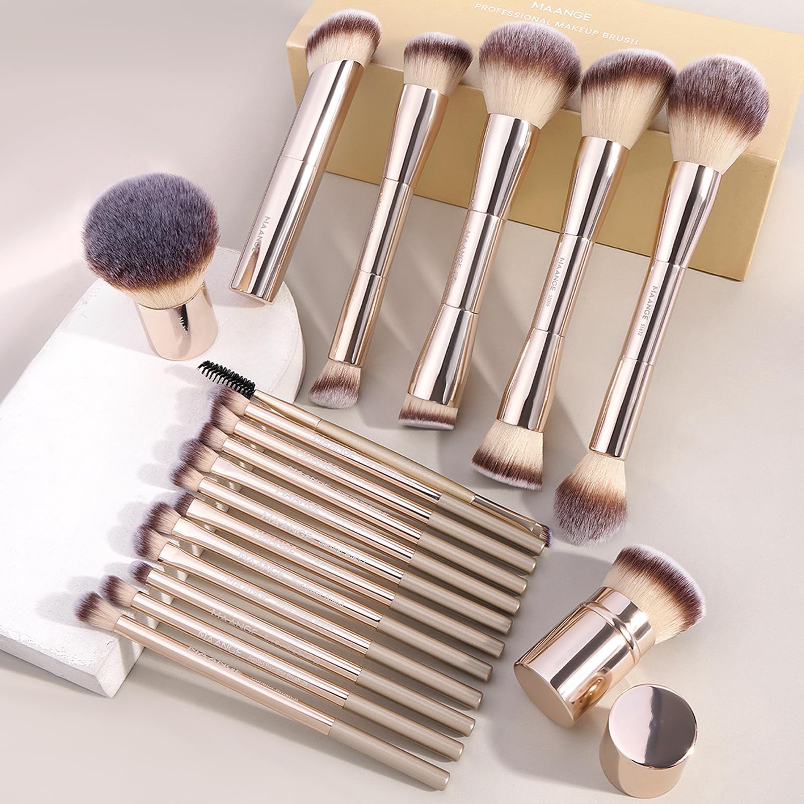 MAANGE 20-Piece Makeup Brush Set with Gift Box | Double-End Kabuki & Eye Brushes