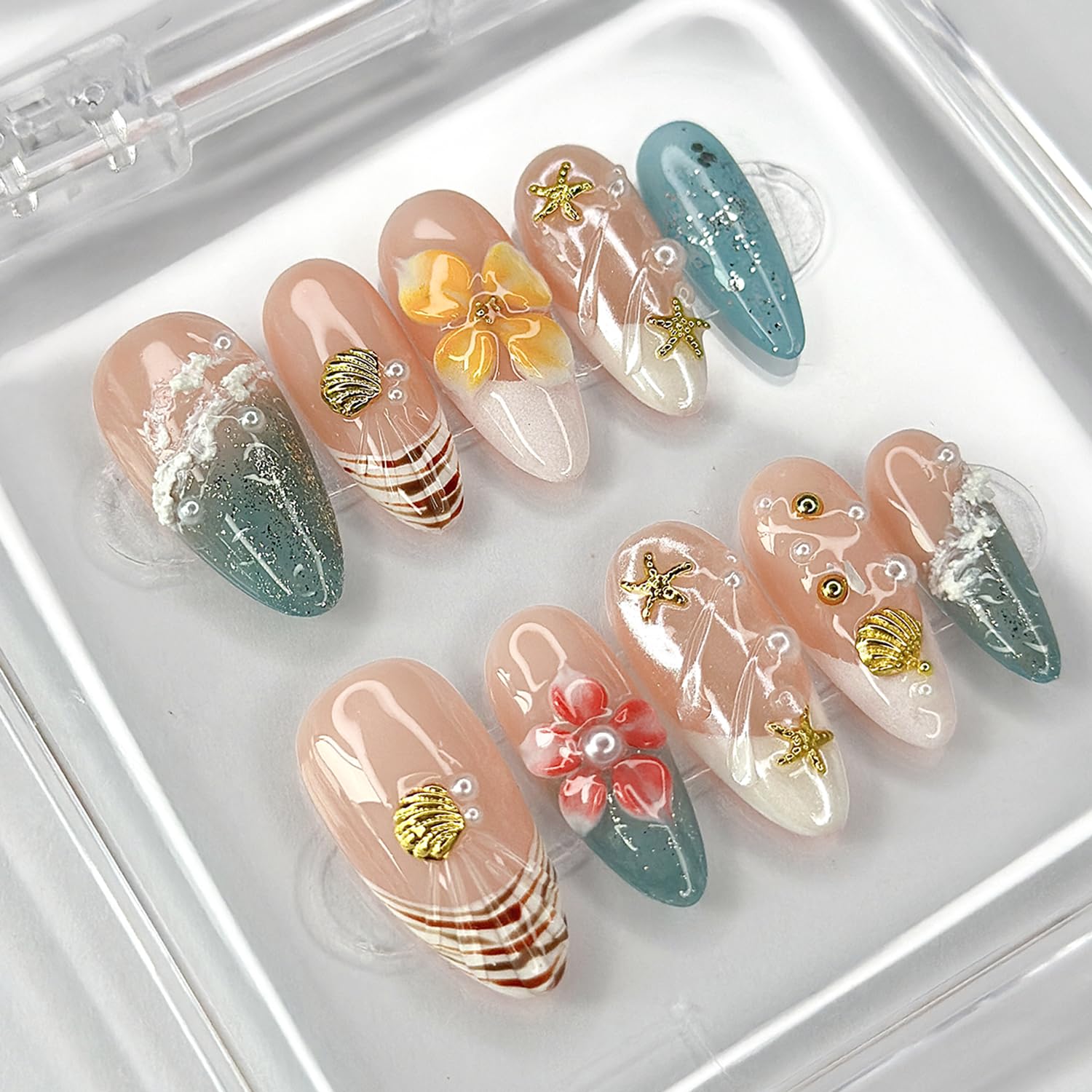 MABKJLF Luxury Press On Nails – Medium Almond French Tip, 3D Floral Design