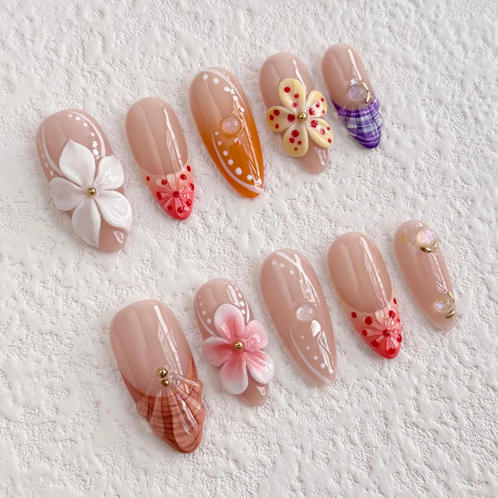 MABKJLF Luxury Press On Nails – Medium Almond, 3D Floral, Reusable ABS, Complete Nail Kit