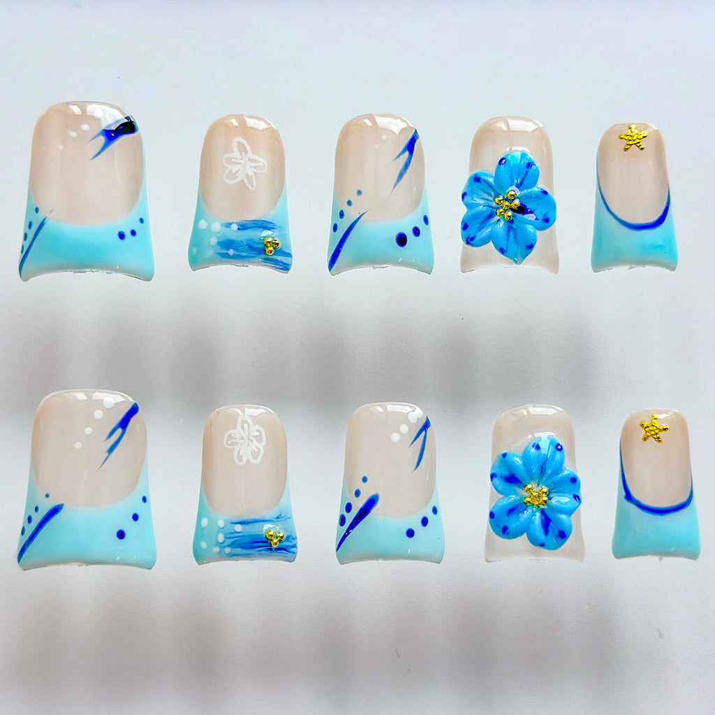 MABKJLF Luxury Press On Nails – Short Duck 3D Handmade, Reusable ABS, Blue French Tip