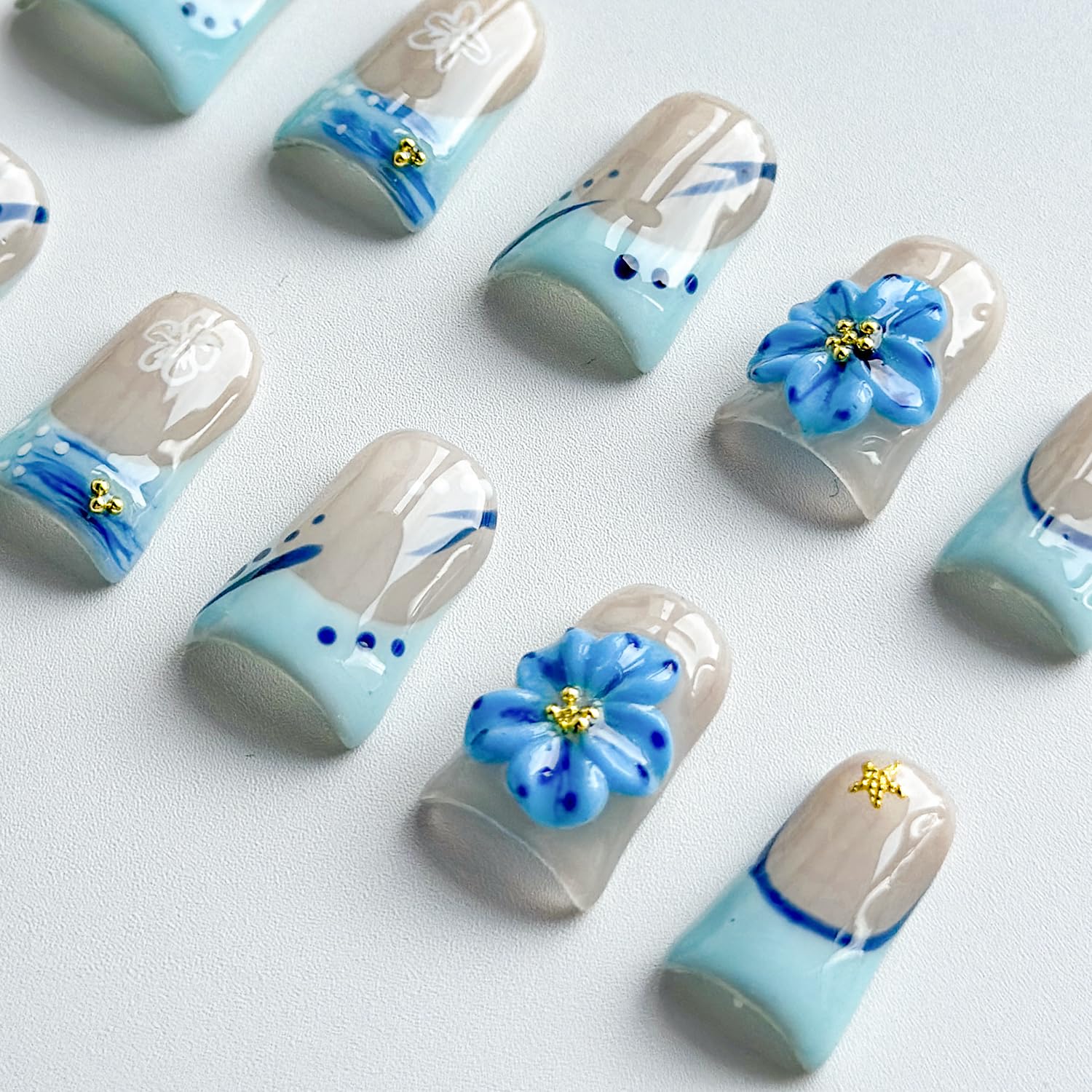 MABKJLF Luxury Press On Nails – Short Duck 3D Handmade, Reusable ABS, Blue French Tip