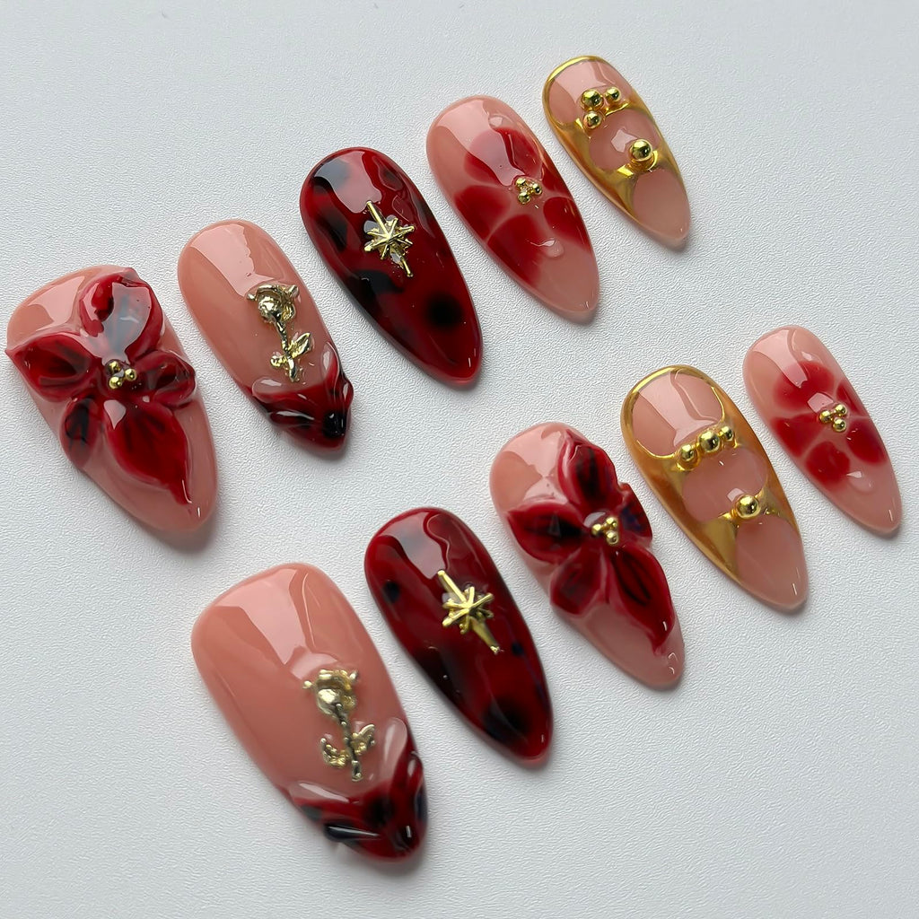 MABKJLF Luxury Press On Nails – Medium Almond, Red Floral, Reusable ABS, Complete Kit