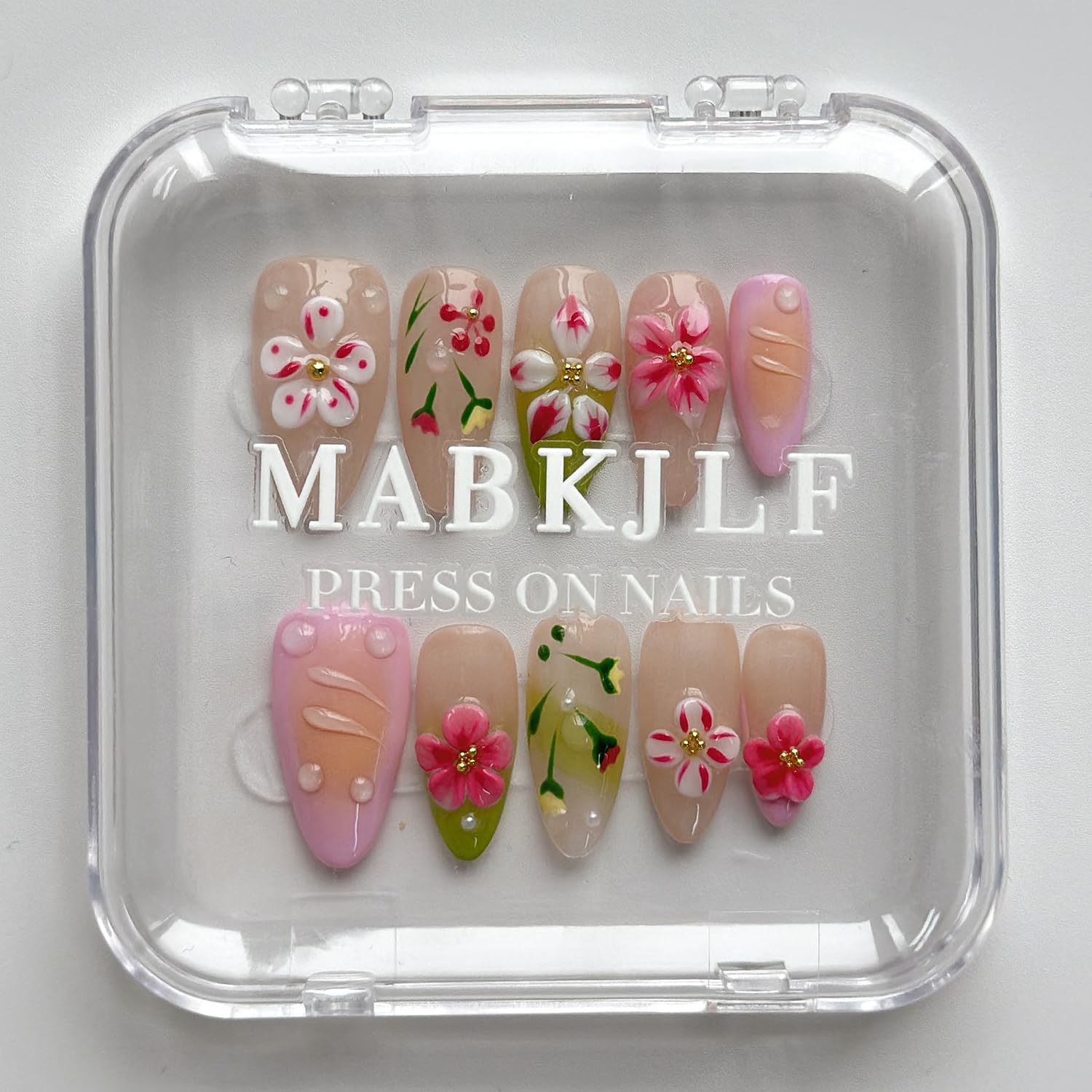 MABKJLF Luxury Press On Nails – Medium Almond, 3D Design, Reusable ABS, Complete Nail Kit