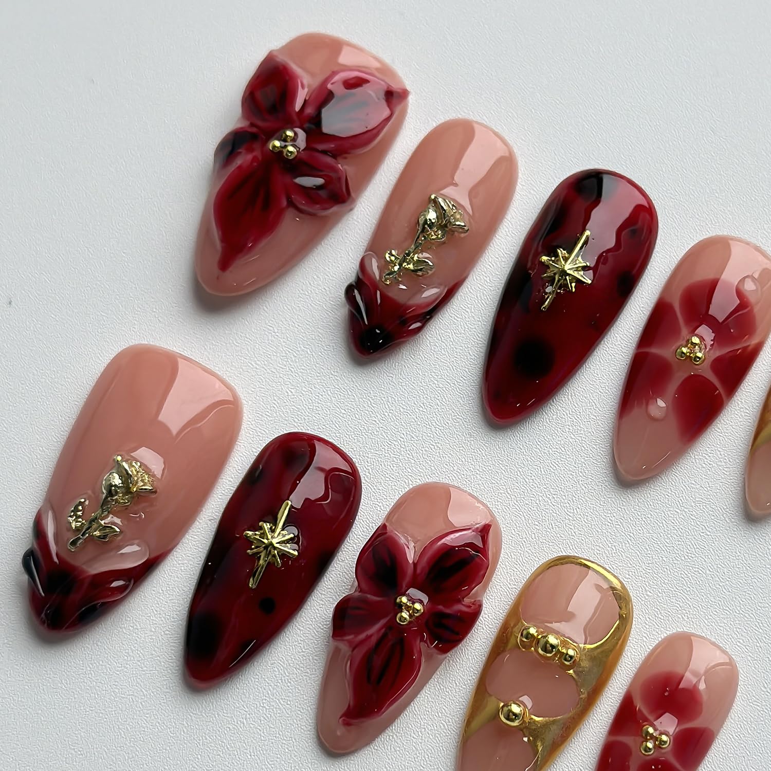 MABKJLF Luxury Press On Nails – Medium Almond, Red Floral, Reusable ABS, Complete Kit
