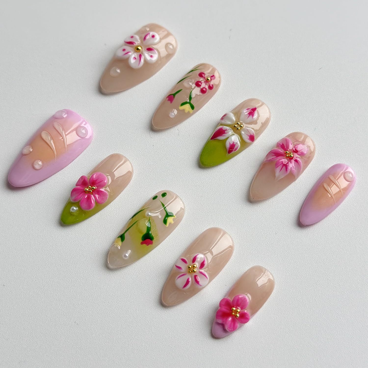 MABKJLF Luxury Press On Nails – Medium Almond, 3D Design, Reusable ABS, Complete Nail Kit