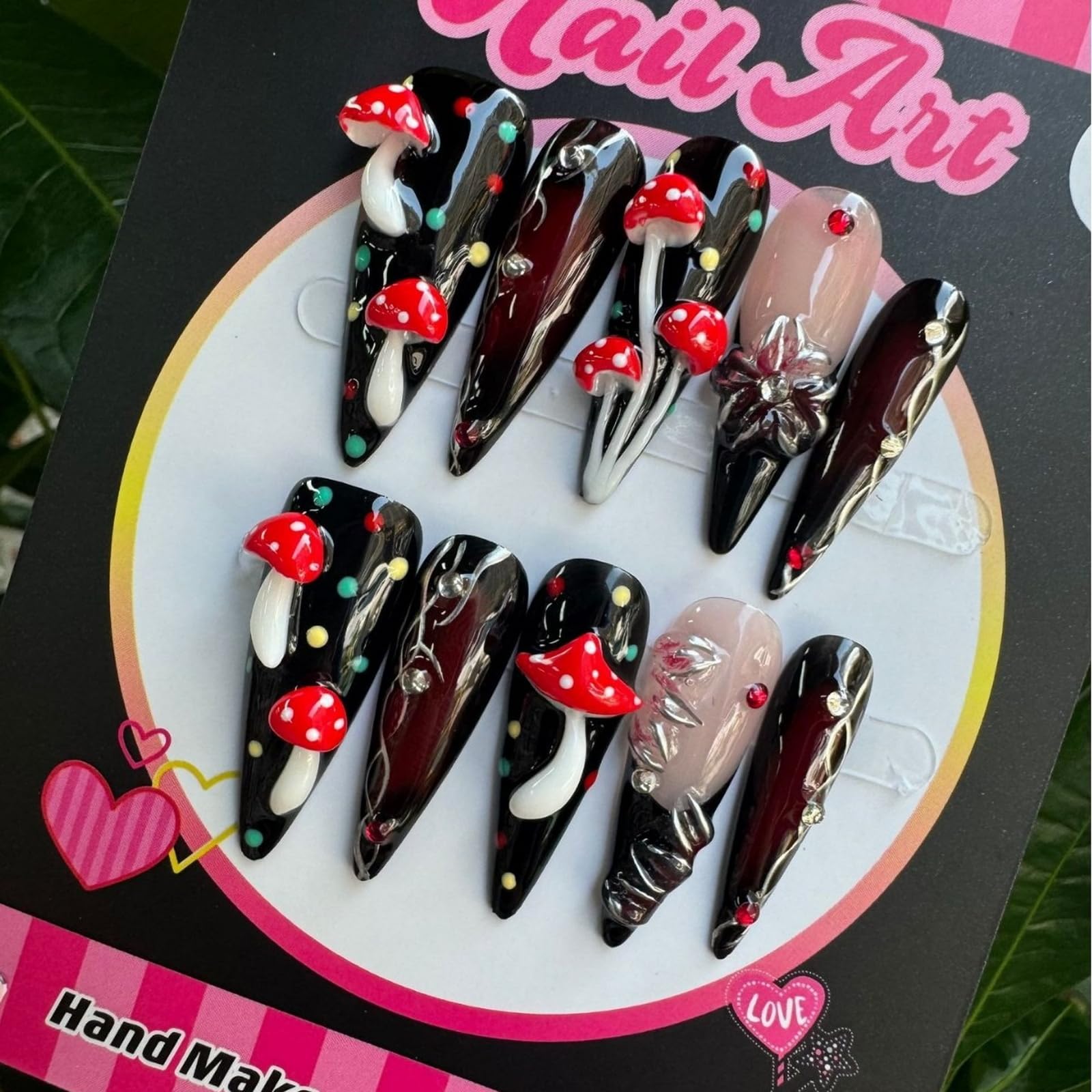 MABKJLF Luxury Press On Nails Long Stiletto – 3D Reusable ABS, Black Nail Art Kit