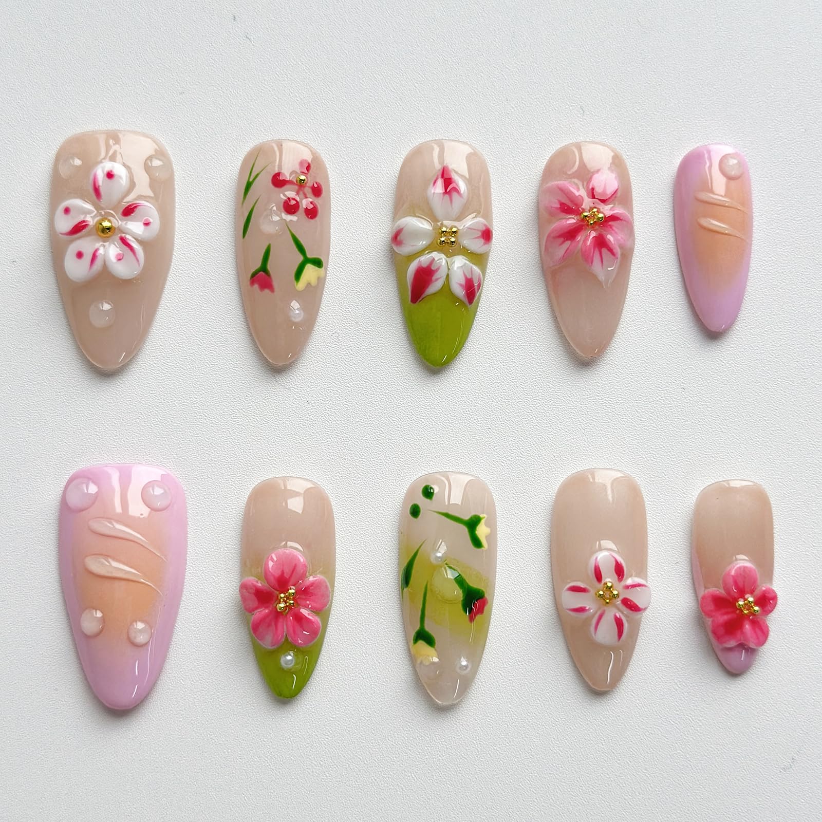 MABKJLF Luxury Press On Nails – Medium Almond, 3D Design, Reusable ABS, Complete Nail Kit