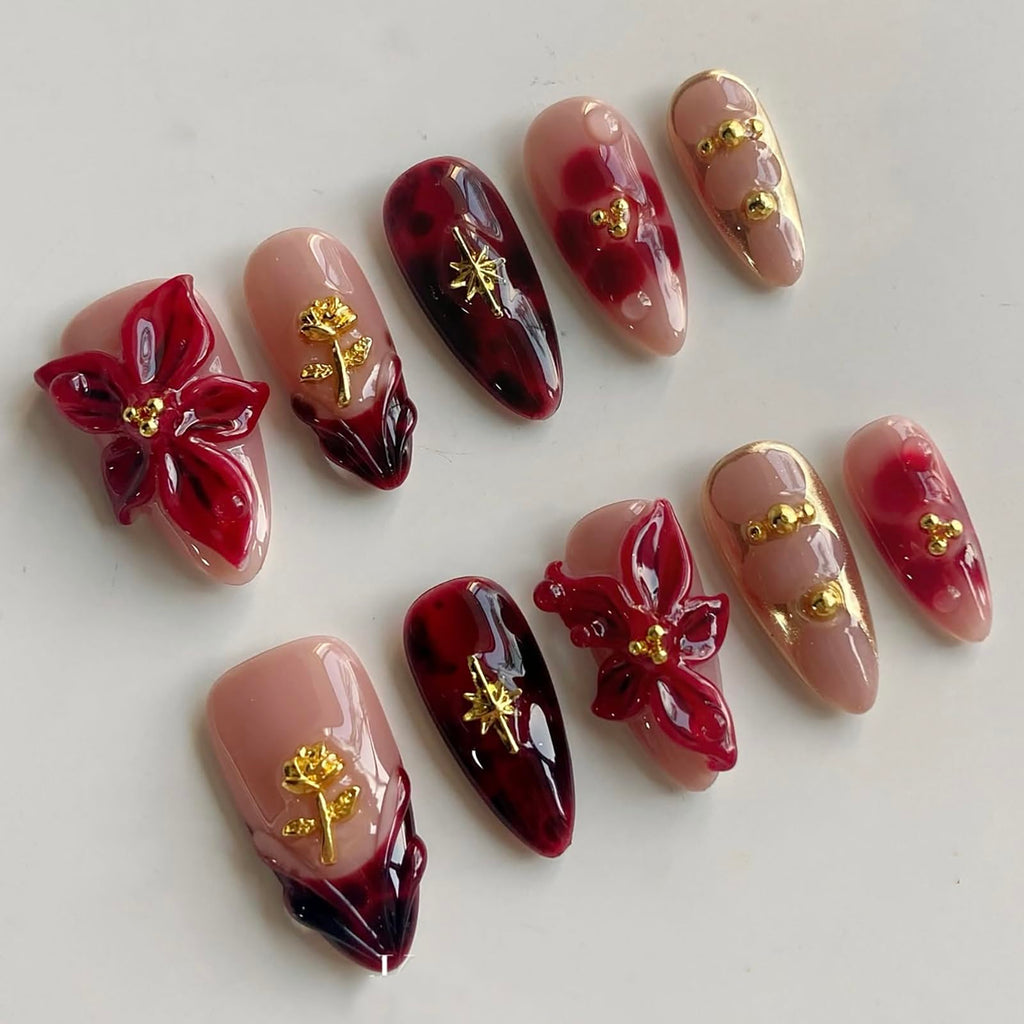 MABKJLF Luxury Press On Nails – Medium Almond, Red Floral, Reusable ABS, Complete Kit