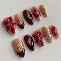 MABKJLF Luxury Press On Nails – Medium Almond, Red Floral, Reusable ABS, Complete Kit