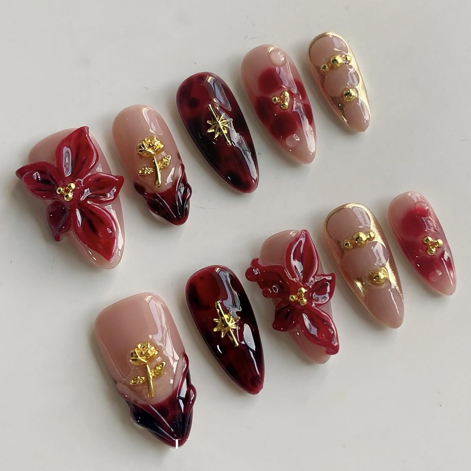 MABKJLF Luxury Press On Nails – Medium Almond, Red Floral, Reusable ABS, Complete Kit