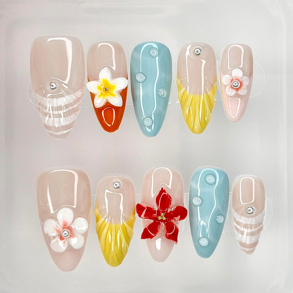 MABKJLF Luxury Press On Nails – Medium Almond French Tip, 3D Floral & Pearl Design, Reusable ABS Kit