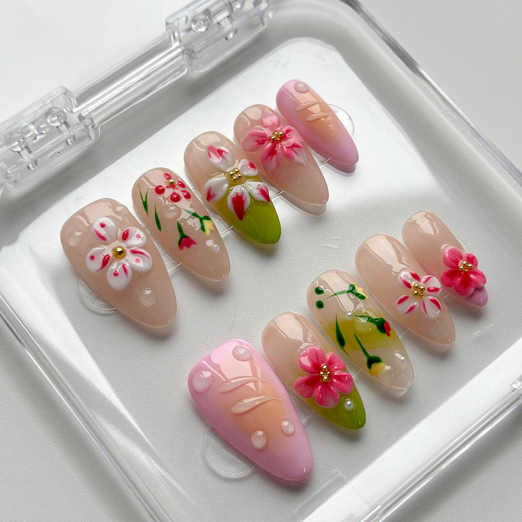 MABKJLF Luxury Press On Nails – Medium Almond, 3D Design, Reusable ABS, Complete Nail Kit