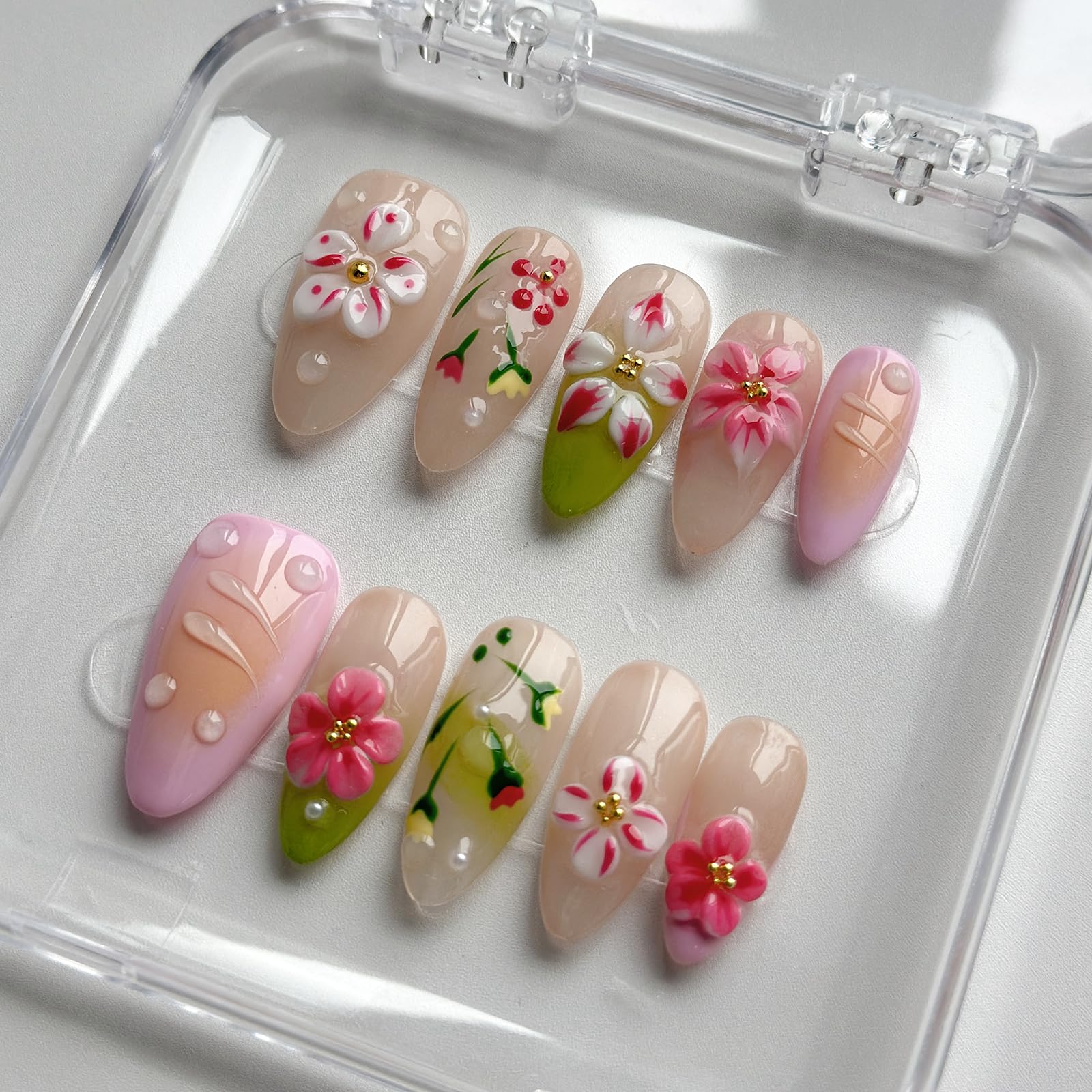 MABKJLF Luxury Press On Nails – Medium Almond, 3D Design, Reusable ABS, Complete Nail Kit