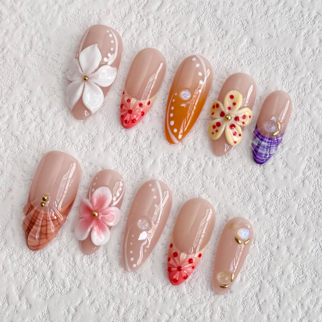 MABKJLF Luxury Press On Nails – Medium Almond, 3D Floral, Reusable ABS, Complete Nail Kit