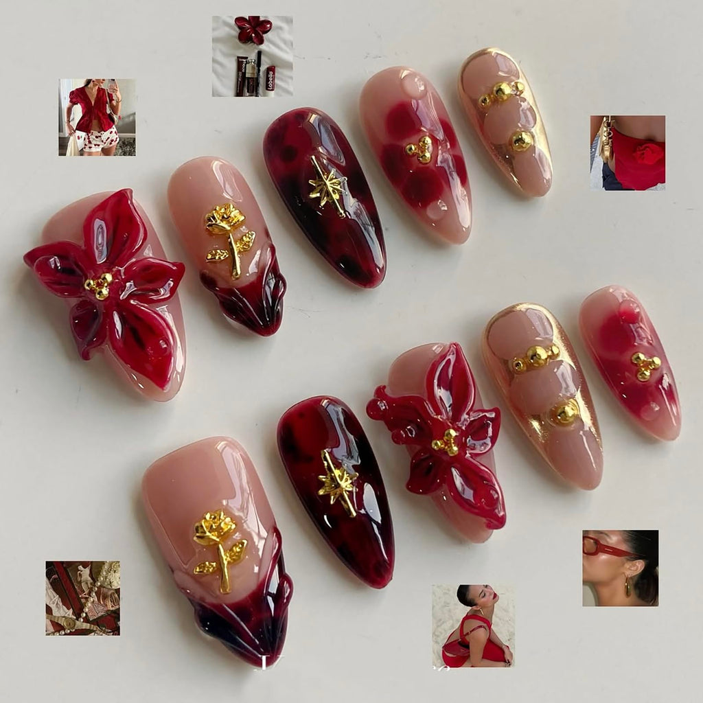 MABKJLF Luxury Press On Nails – Medium Almond, Red Floral, Reusable ABS, Complete Kit