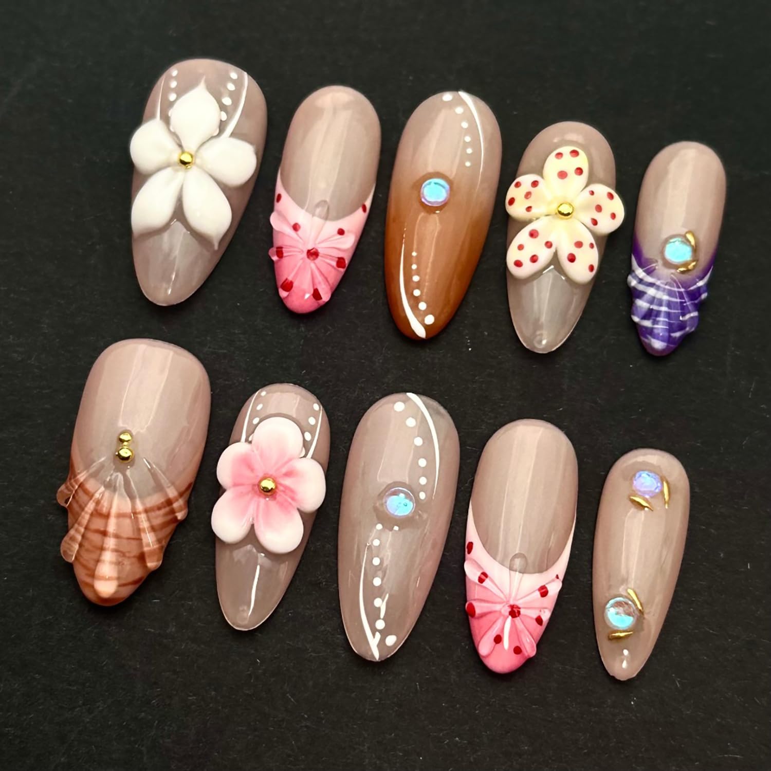 MABKJLF Luxury Press On Nails – Medium Almond, 3D Floral, Reusable ABS, Complete Nail Kit