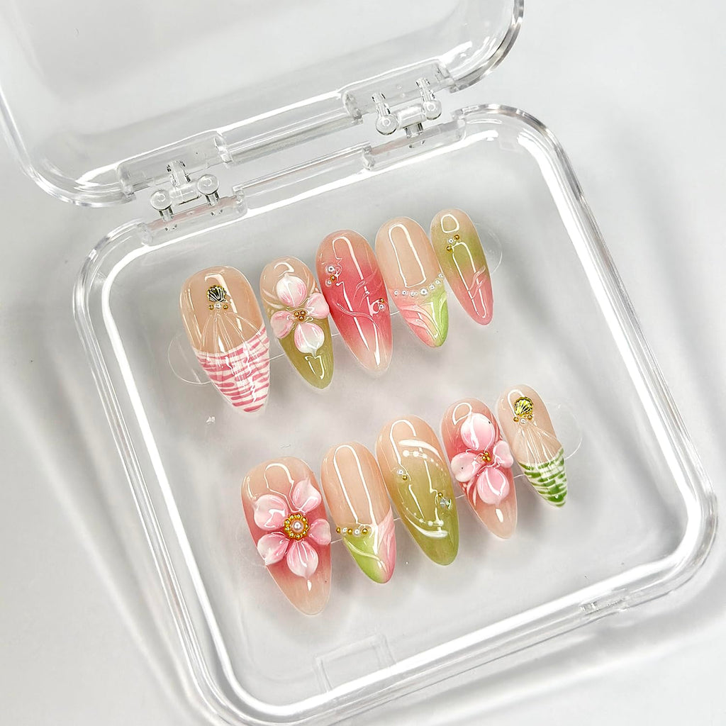 MABKJLF Luxury Press On Nails – Medium Almond French Tip, 3D Floral, Reusable ABS