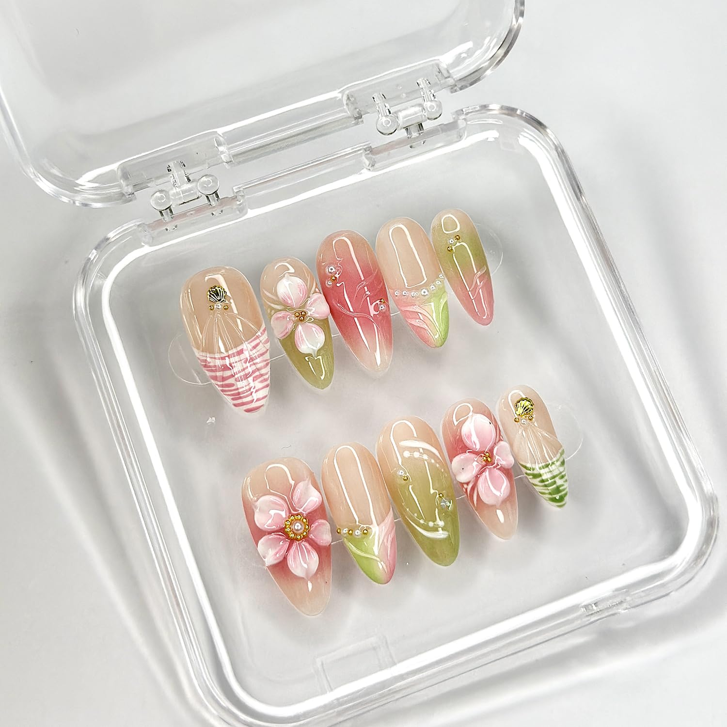 MABKJLF Luxury Press On Nails – Medium Almond French Tip, 3D Floral, Reusable ABS