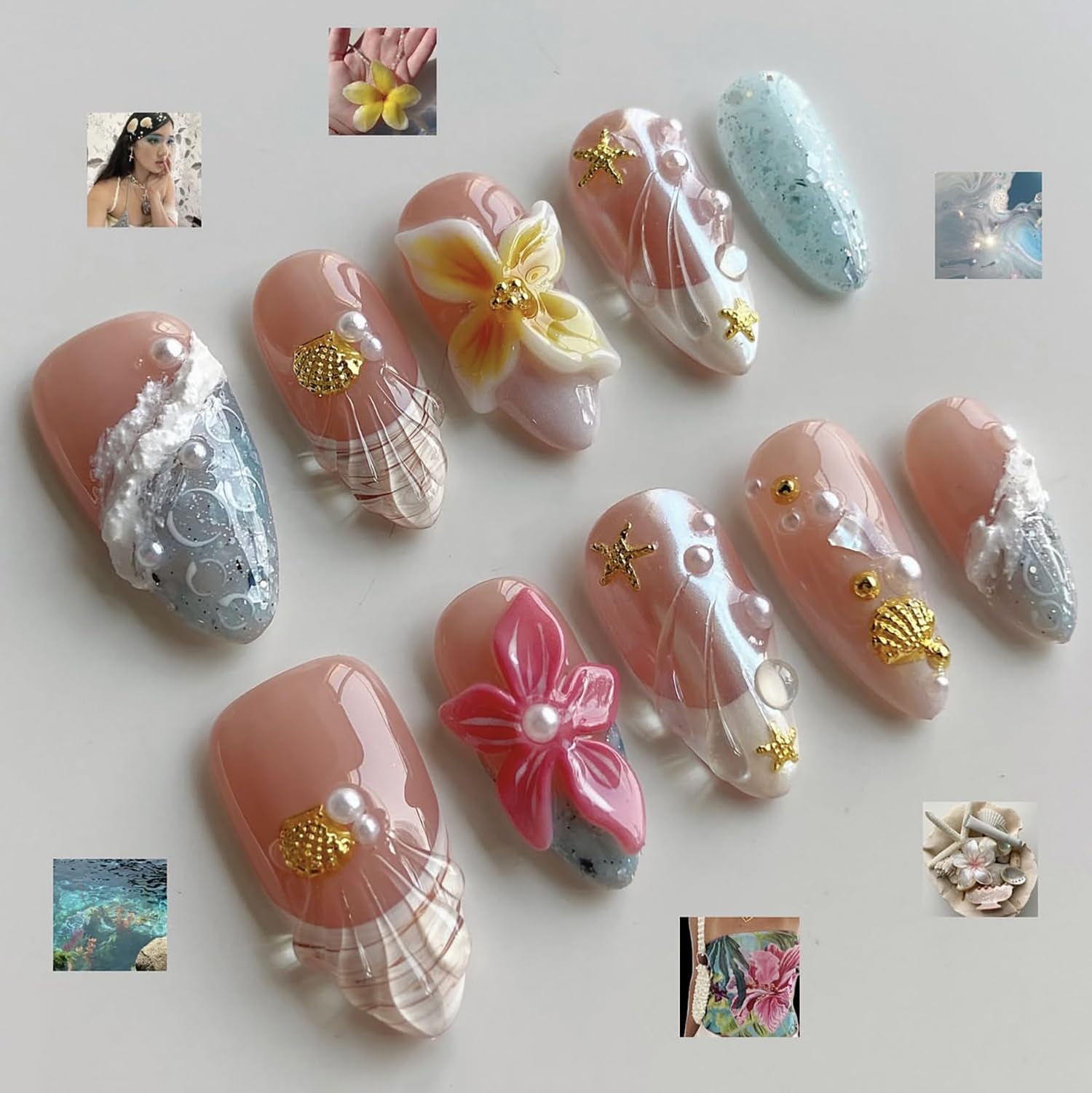 MABKJLF Luxury Press On Nails – Medium Almond French Tip, 3D Floral Design