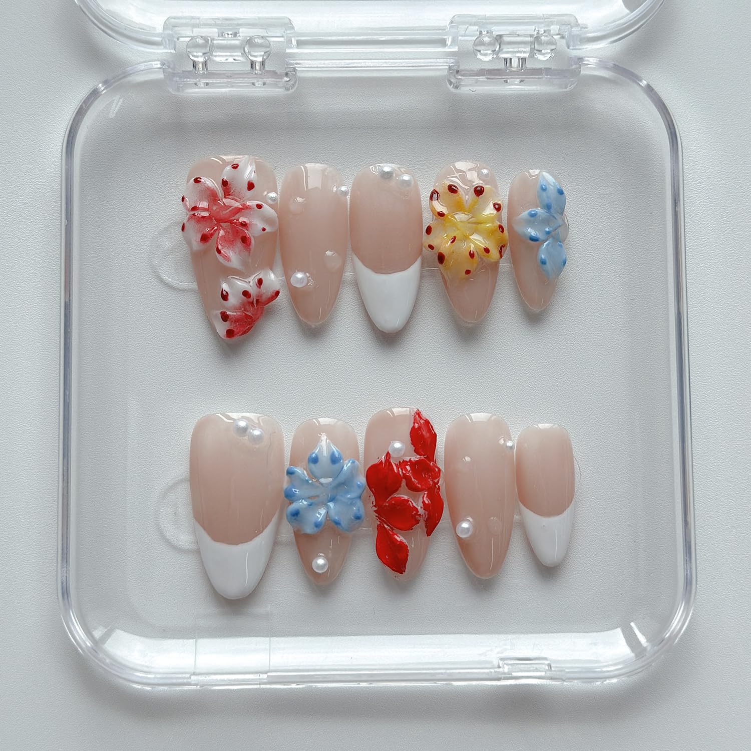 MABKJLF Luxury Press-On Nails – Medium Almond, White French Tip, 3D Design, Reusable ABS