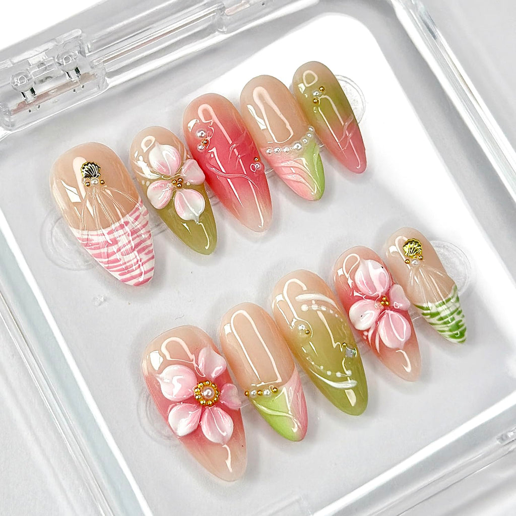 MABKJLF Luxury Press On Nails – Medium Almond French Tip, 3D Floral, Reusable ABS
