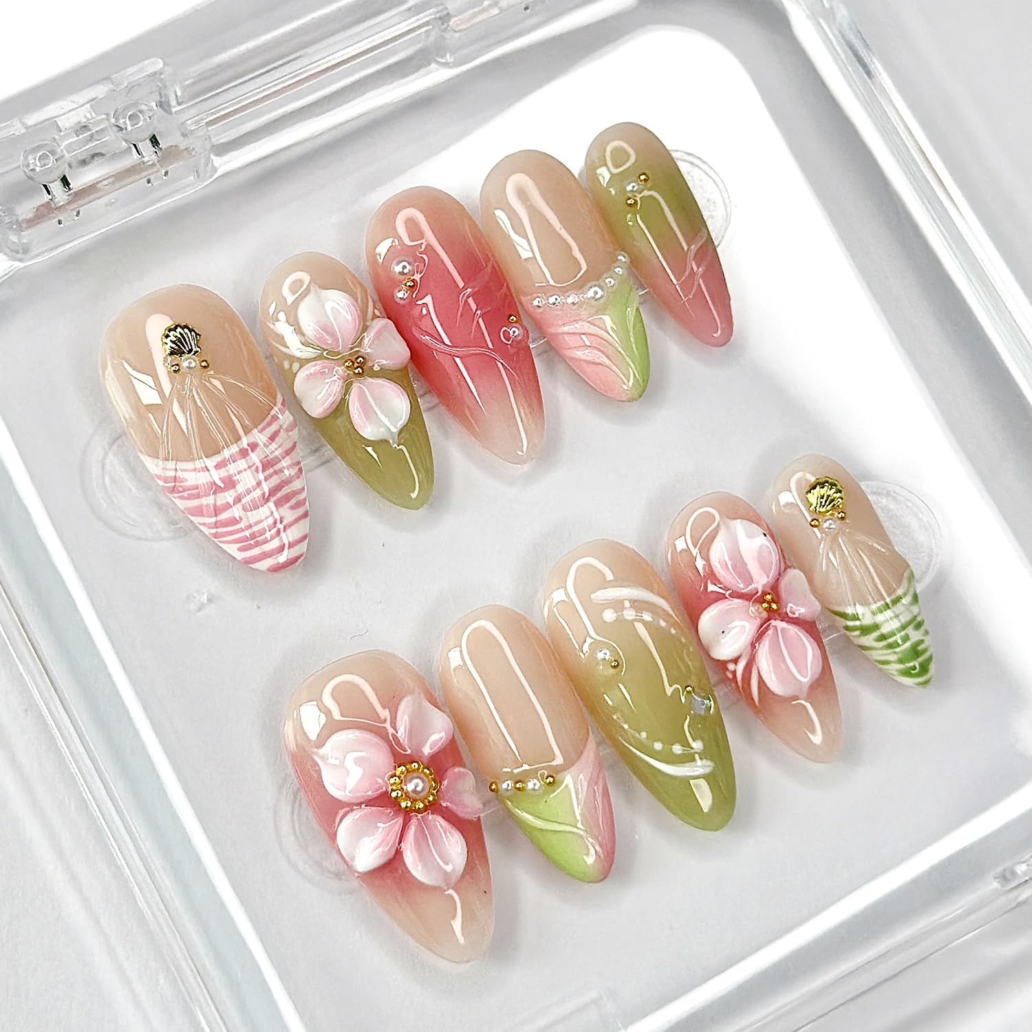MABKJLF Luxury Press On Nails – Medium Almond French Tip, 3D Floral, Reusable ABS