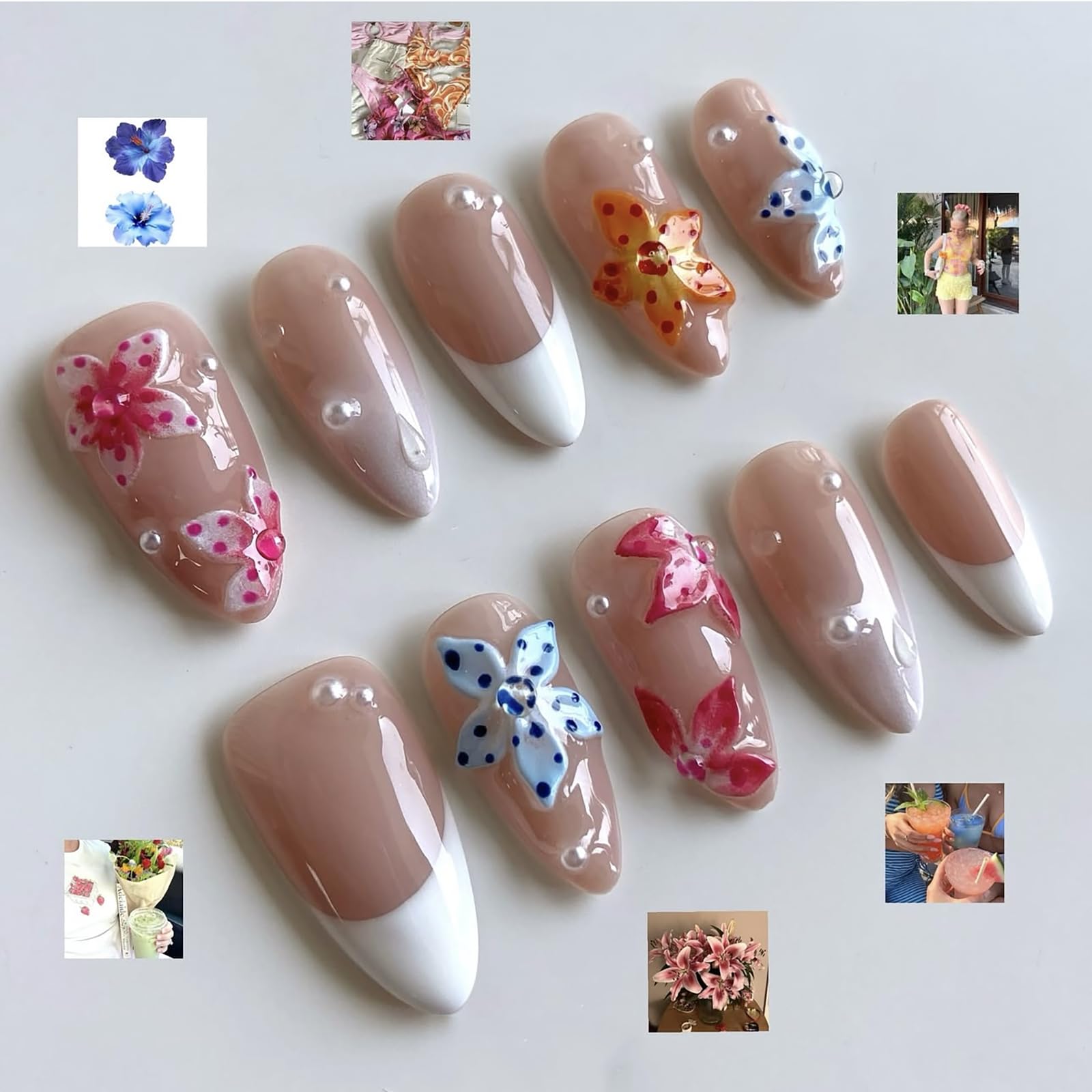 MABKJLF Luxury Press-On Nails – Medium Almond, White French Tip, 3D Design, Reusable ABS