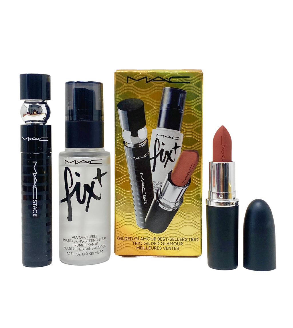MAC Gilded Glamour Trio: MACStack Mascara, Warm Teddy Matte Lipstick & Fix+ Setting Spray