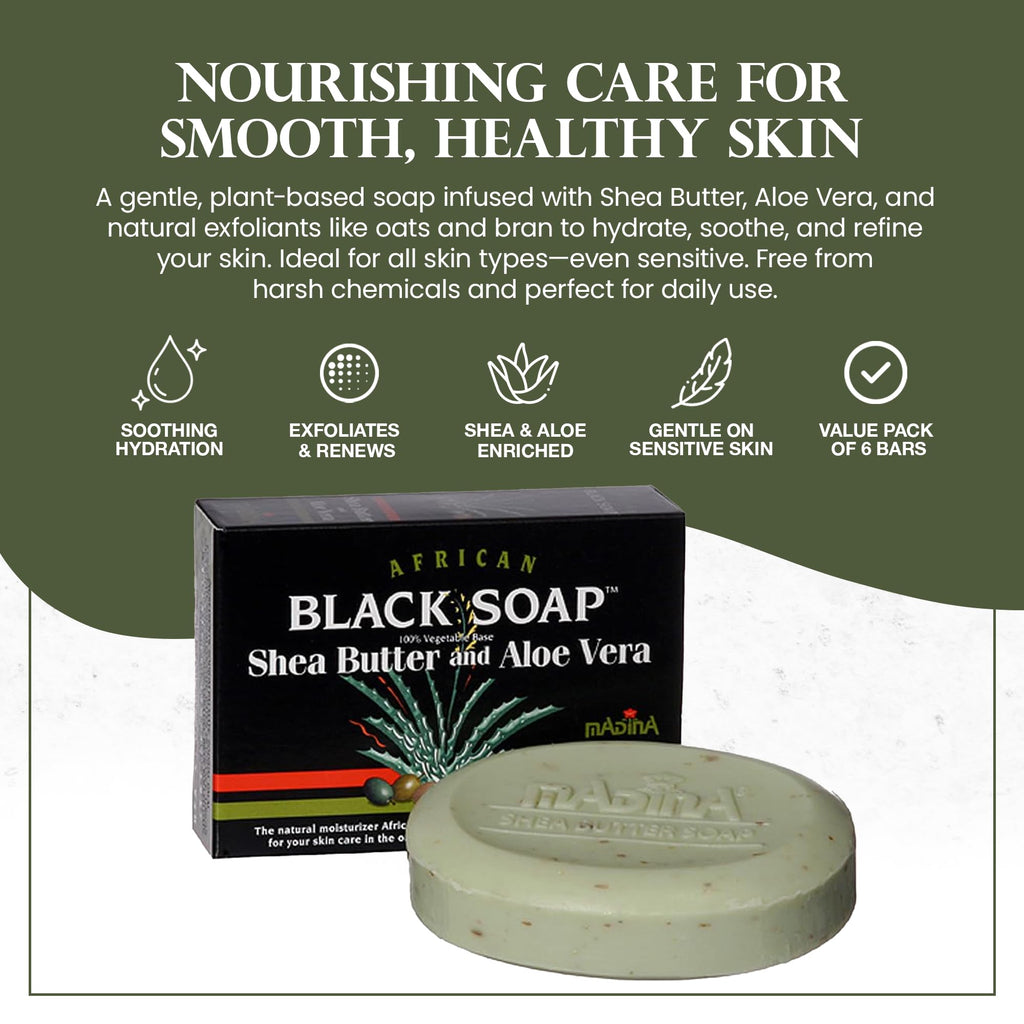 Madina African Black Soap Bar – Shea Butter & Aloe, 6-Pack (3.5 oz Each) | Gentle Hydration & Mild Exfoliation for All Skin Types