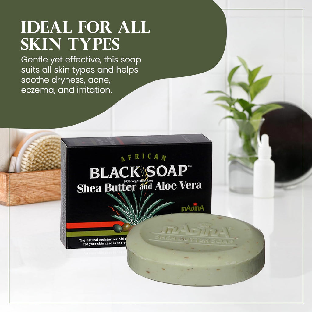 Madina African Black Soap Bar – Shea Butter & Aloe, 6-Pack (3.5 oz Each) | Gentle Hydration & Mild Exfoliation for All Skin Types