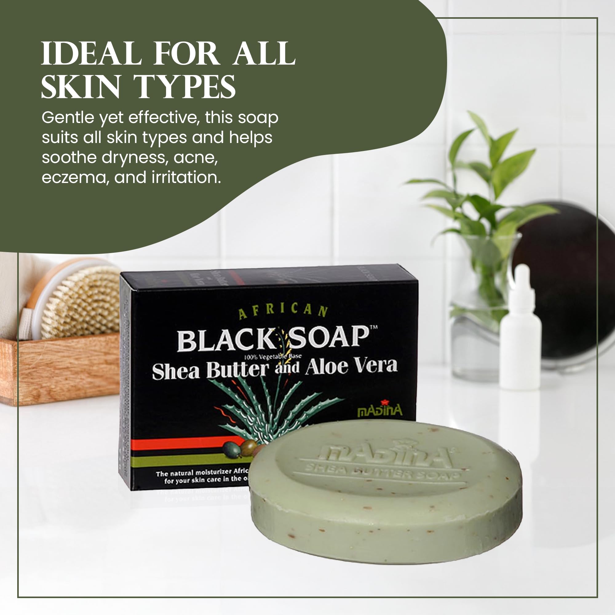 Madina African Black Soap Bar – Shea Butter & Aloe, 6-Pack (3.5 oz Each) | Gentle Hydration & Mild Exfoliation for All Skin Types