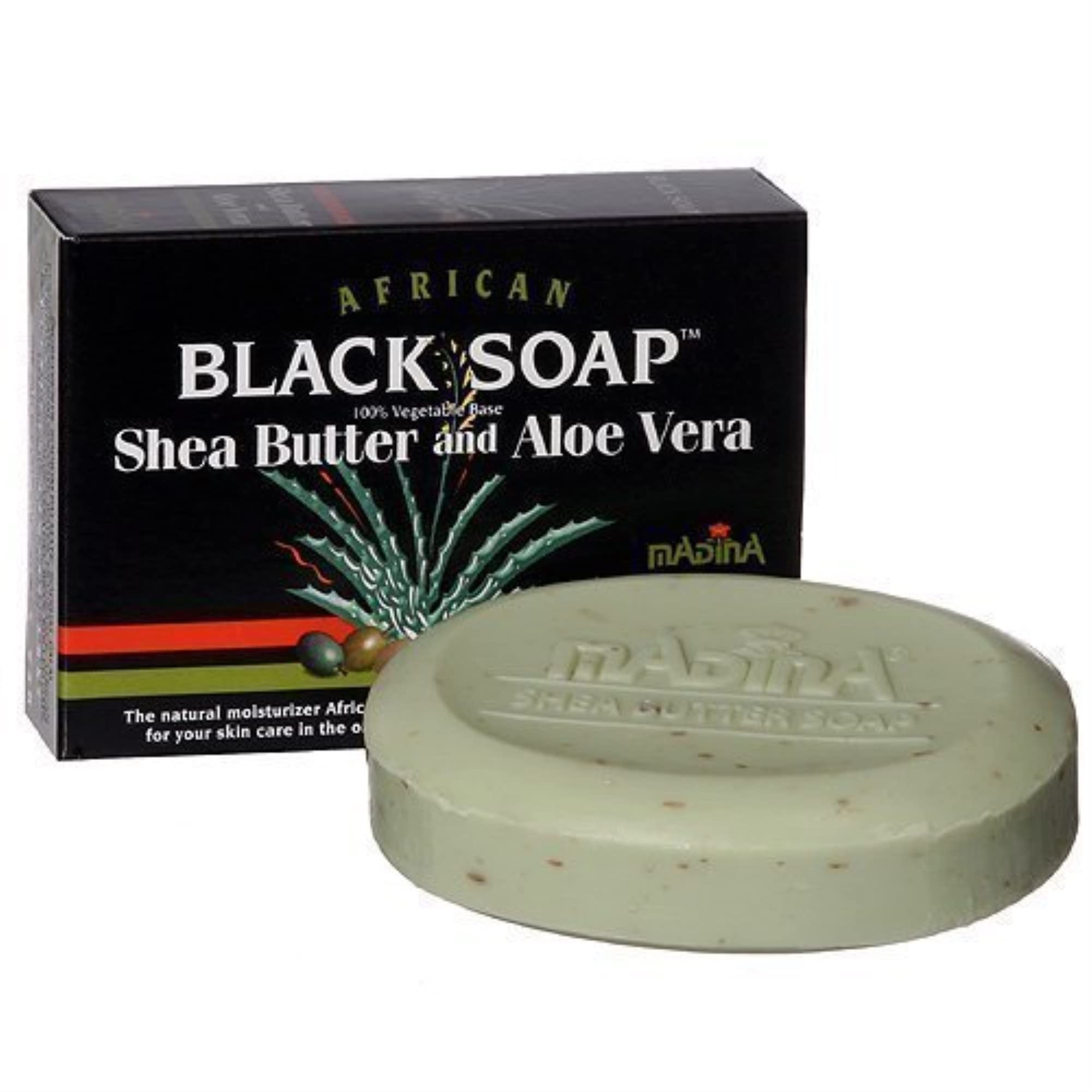Madina African Black Soap with Shea Butter & Aloe Vera – 3 Bars, 3.5 oz Total, 100% Vegetable Base