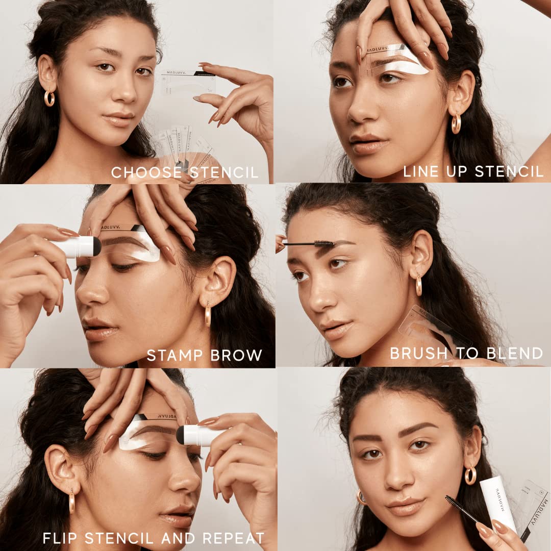 MADLUVV Brow Stamp Kit with 9 Stencils – Easy, Natural-Looking Brows | Spoolie, Travel Bag & Stamp