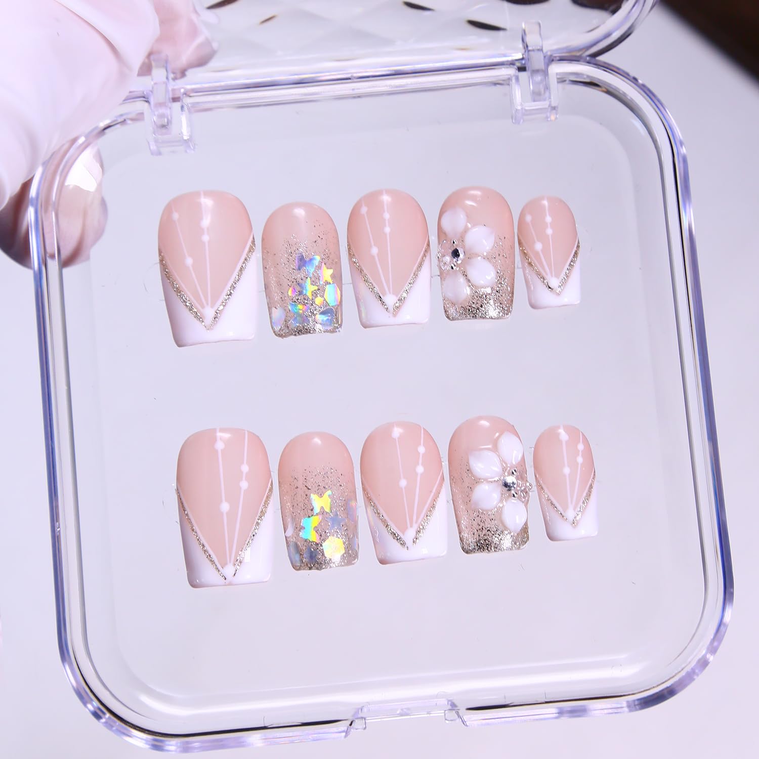 MAGLFELL Press On Nails – Short Square Handmade Nails, Reusable 3D Gel and Durable Acrylic (M Size)