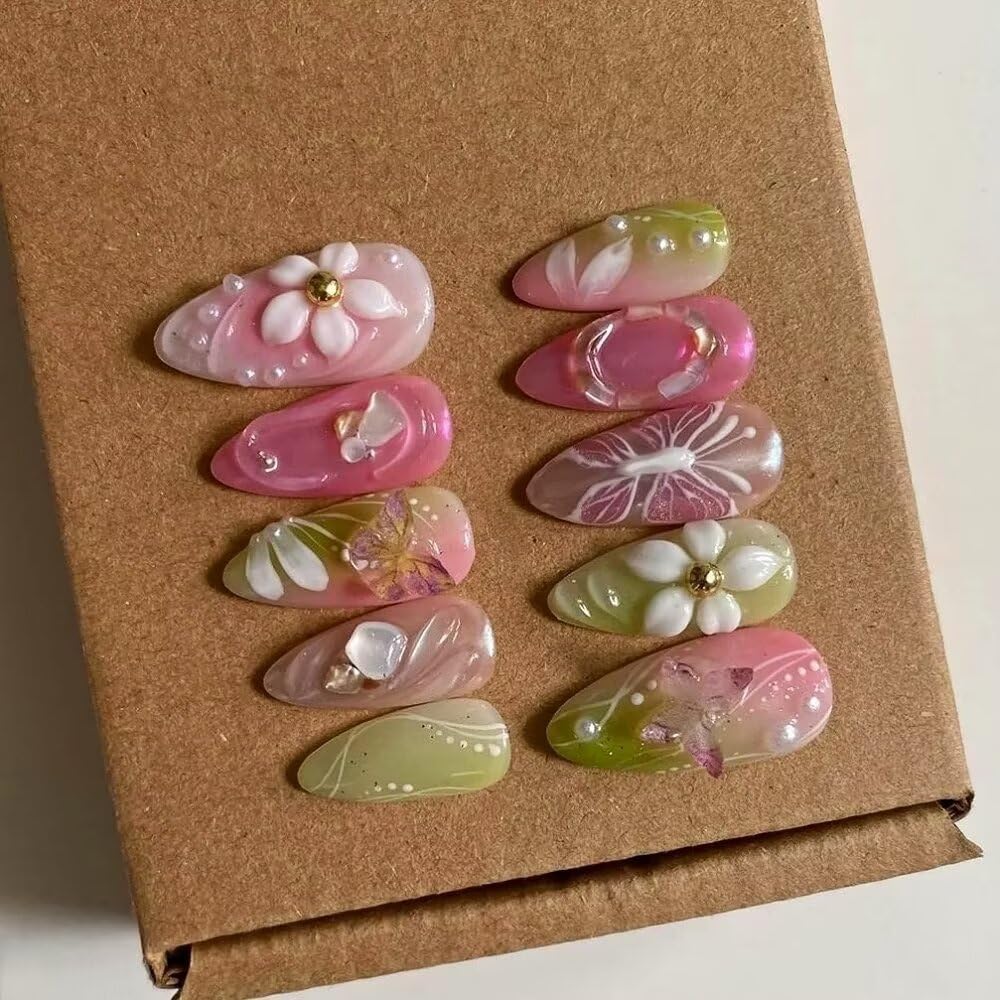 MAGLFELL Small Size Press On Nails – 3D Almond Handmade Nail Art, Thick Acrylic + Multi-Layer Gel (Size S)