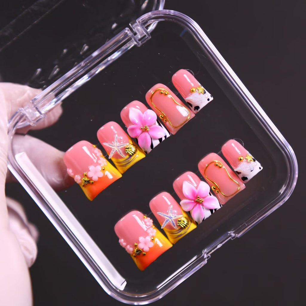 MAGLFELL Press On Nails – Handmade French Duckbill, 10 Pcs, Reusable Short 3D Acrylic Kit (Size S)
