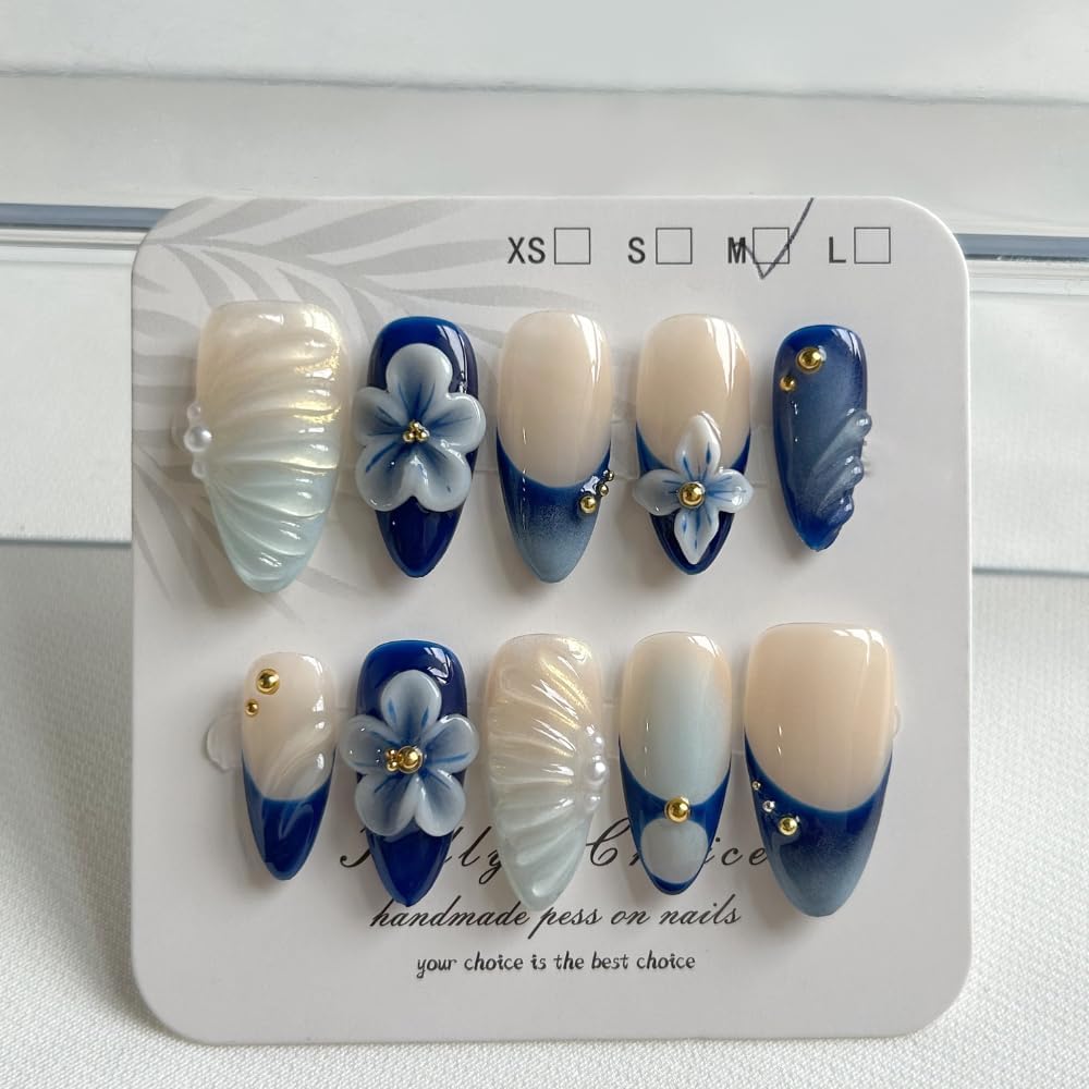 MAGLFELL Press On Nails - Medium Almond Bow Design (Size S) | Reusable Gel Nails DIY Kit