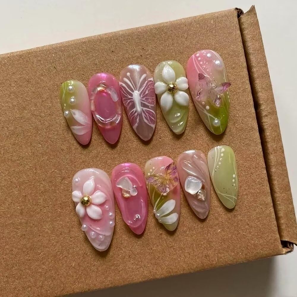 MAGLFELL Small Size Press On Nails – 3D Almond Handmade Nail Art, Thick Acrylic + Multi-Layer Gel (Size S)