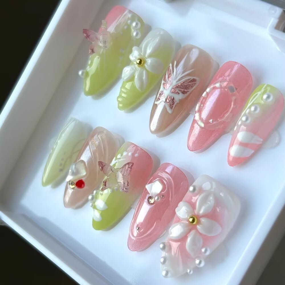 MAGLFELL Small Size Press On Nails – 3D Almond Handmade Nail Art, Thick Acrylic + Multi-Layer Gel (Size S)