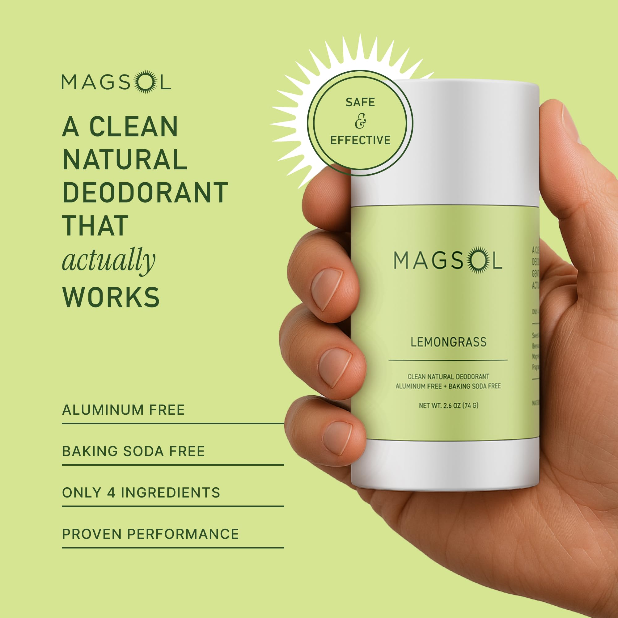 MAGSOL Magnesium Deodorant for Men – Aluminum & Baking Soda Free, Lemongrass, 2.6 oz
