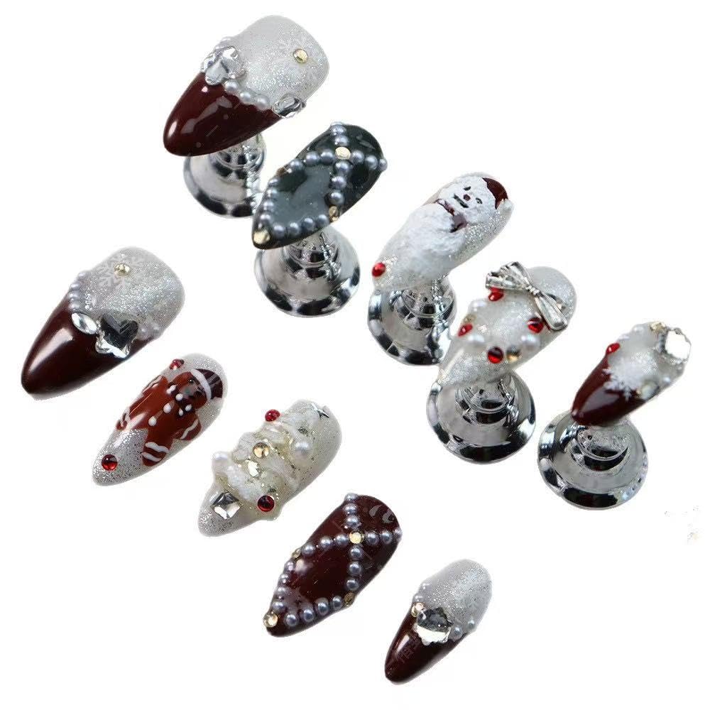 Maigitur 100% Handmade Christmas Press On Nails – Medium Almond, Dark Red French Tips, Snowman & Gingerbread Man