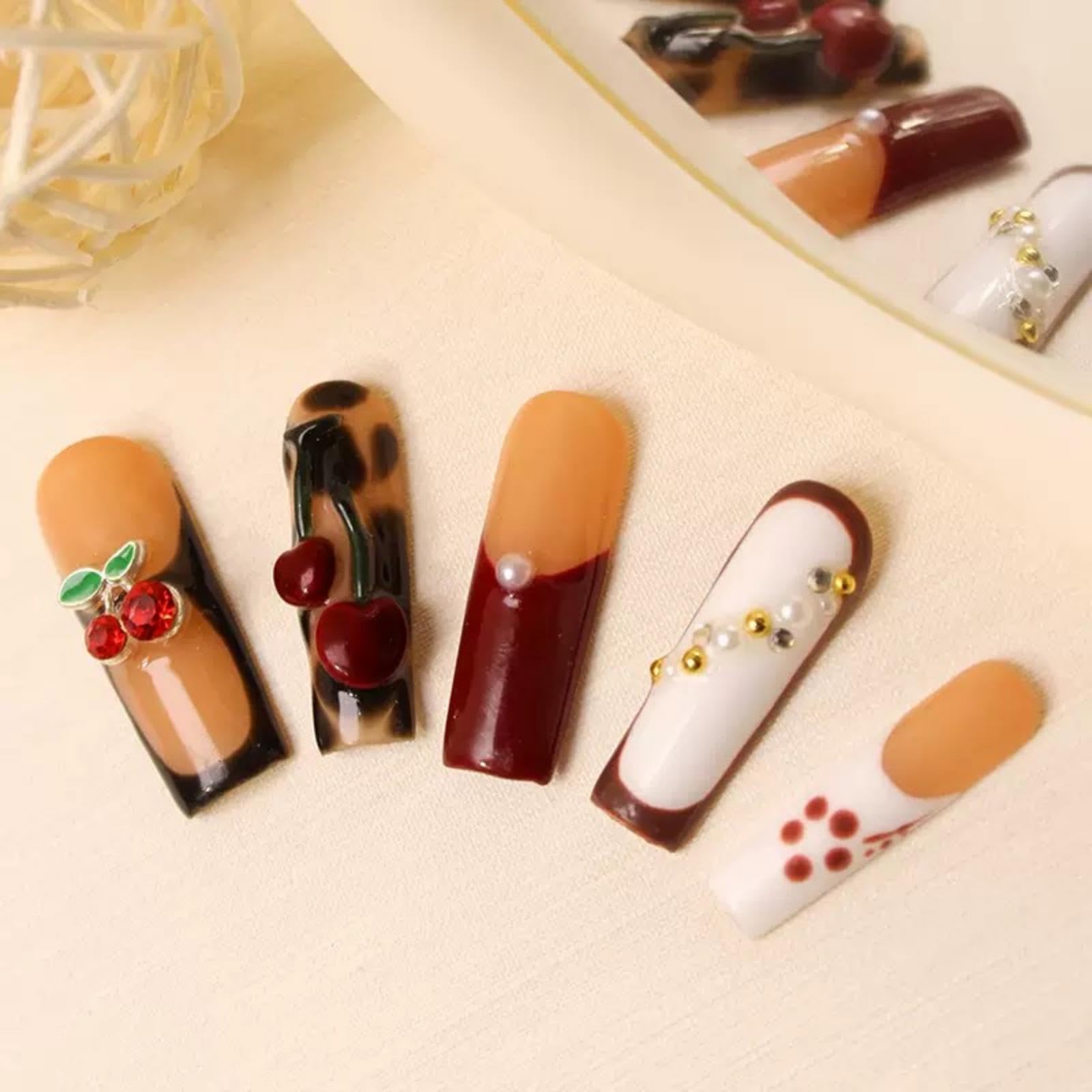 Maigitur 100% 5D Handmade Press On Nails – Brown Ombre with Charms | Long Square DIY Manicure Size M