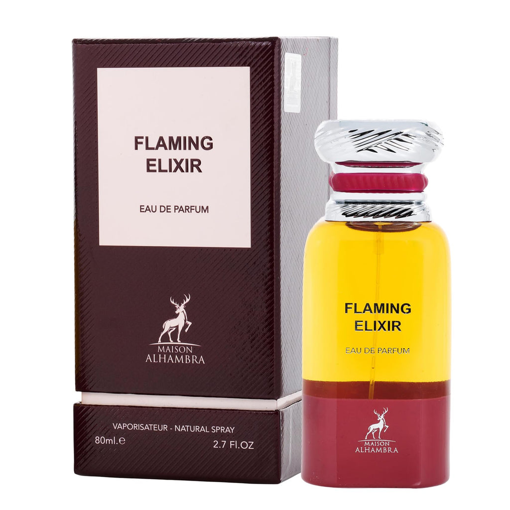Maison Alhambra Flaming Elixir Eau de Parfum – Unisex, Long-Lasting, Fruity Smoky Leather Woody, 80 ml