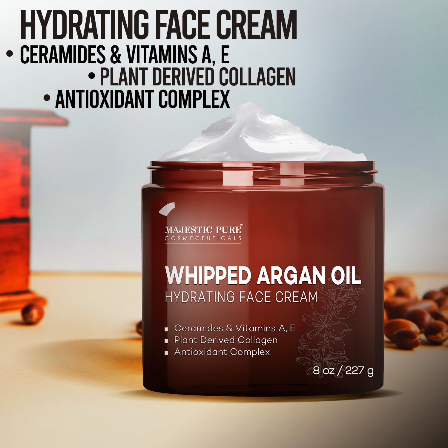 Majestic Pure Whipped Argan Oil Moisturizer – Hydration, Vitamin E & Ceramides – 8oz