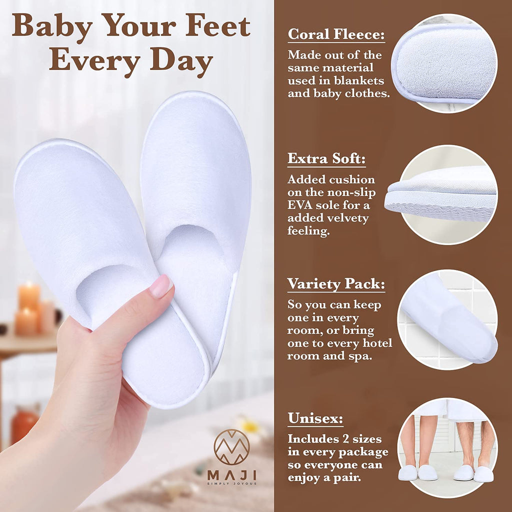 MAJI SIMPLY JOYOUS White Spa Slippers for Women – 6-Pack Guest Slippers, Non-Slip, Closed-Toe, Travel-Friendly