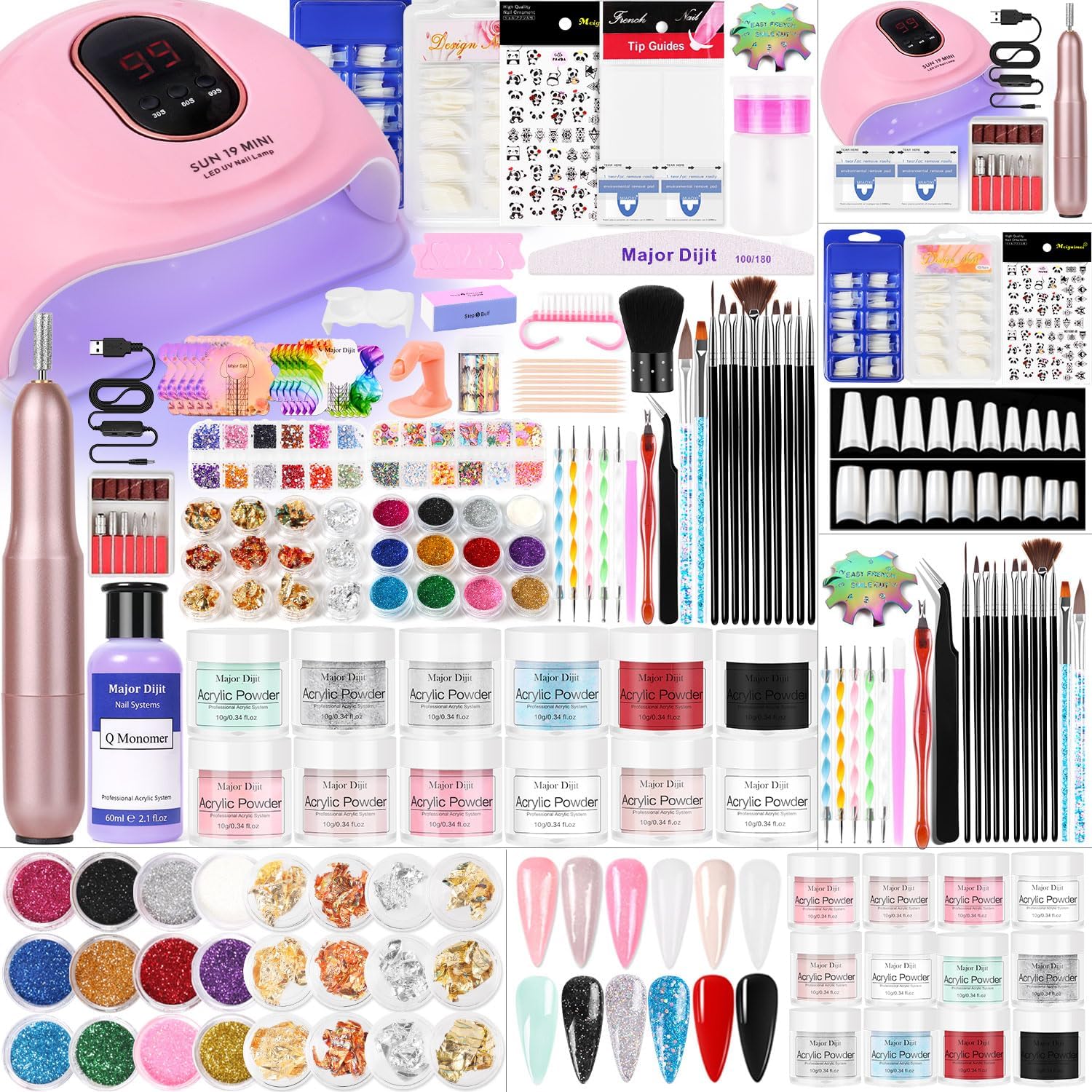 Major Dijit Acrylic Nail Kit with Lamp, 12-Color Powder & Drill