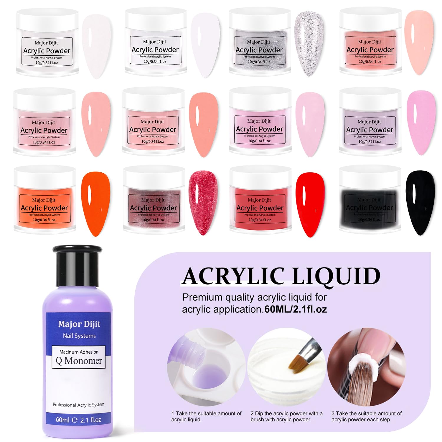 Major Dijit Complete Acrylic Nail Starter Kit with LED Lamp – DIY Nail Art for Home & Salon