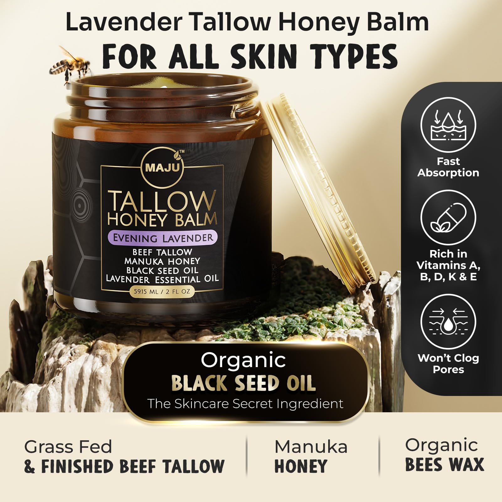 MAJU Tallow Honey Balm, Evening Lavender | Nighttime Grass-Fed Tallow Moisturizer